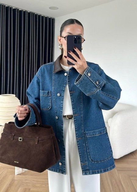 جكيت جينز مع قبة جلد